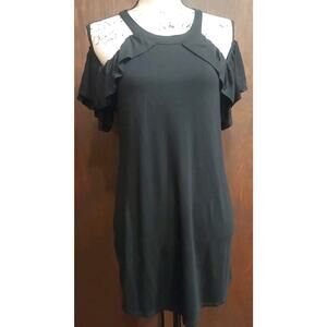 Black short Sleeve Cold Shoulder Neutral Stretch Ruffle tunic minimalism NEW USA